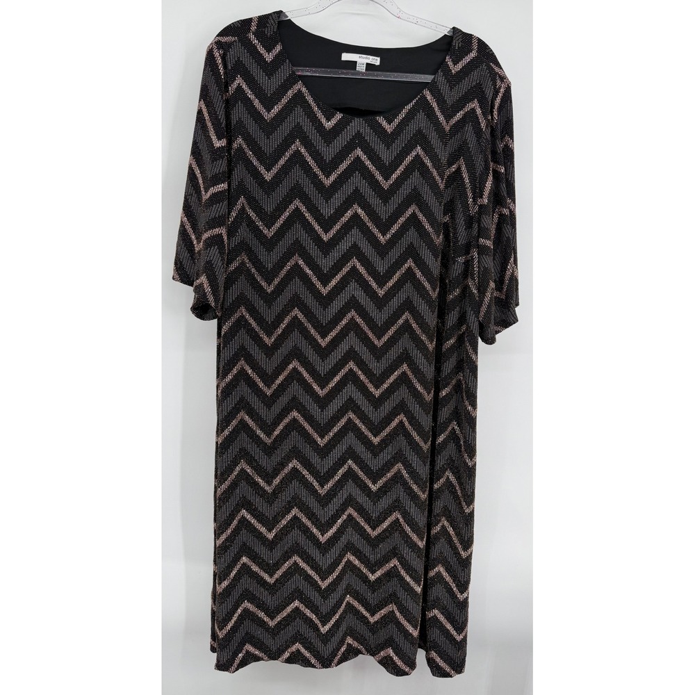 Studio One New York Black Rose Gold Metallic Chevron Shift Dress Sz 24W Plus
